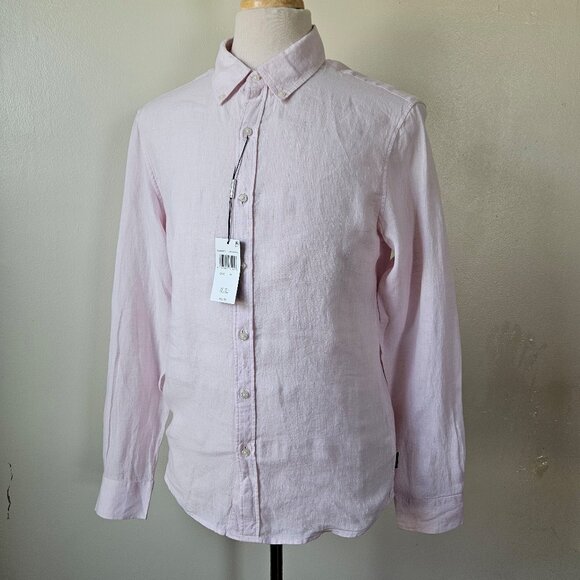 NWT MICHAEL KORS Slim Fit Linen Shirt M Light Pink Long Sleeve Button Preppy - Picture 1 of 7
